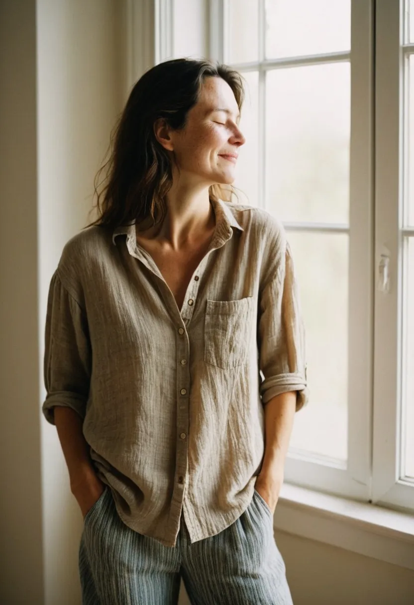 A woman standing in soft window light at home