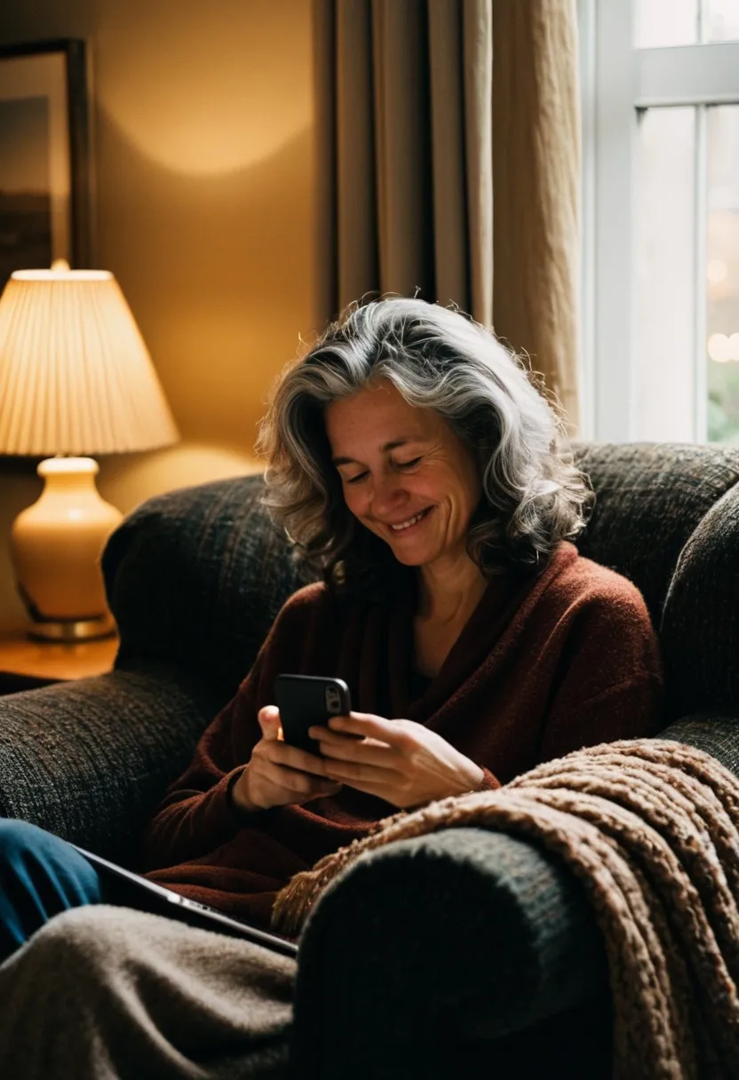 A woman sending a message from a cozy armchair