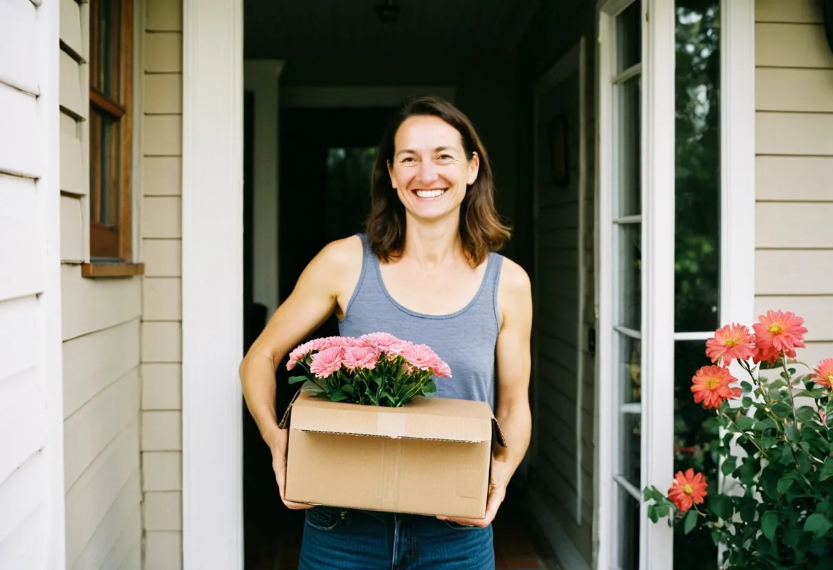 A woman receiving a delivery at her front door