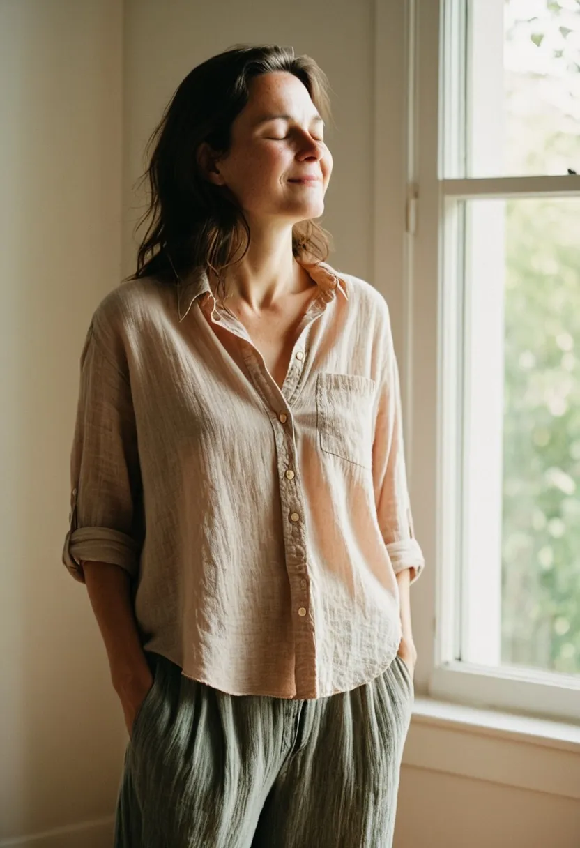 A woman standing calmly in soft window light