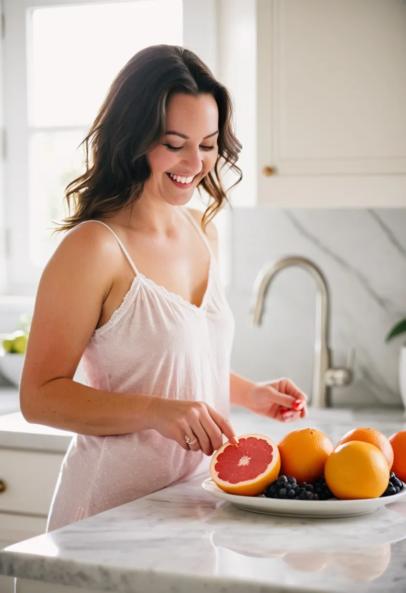 A woman prepares fresh ingredients in her bright morning kitchen