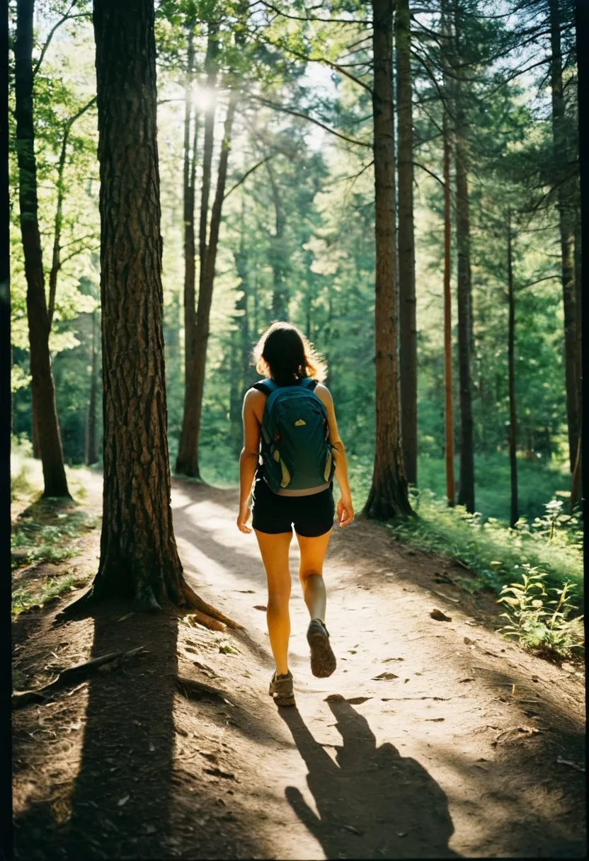 A woman walking a sunlit tree-lined trail
