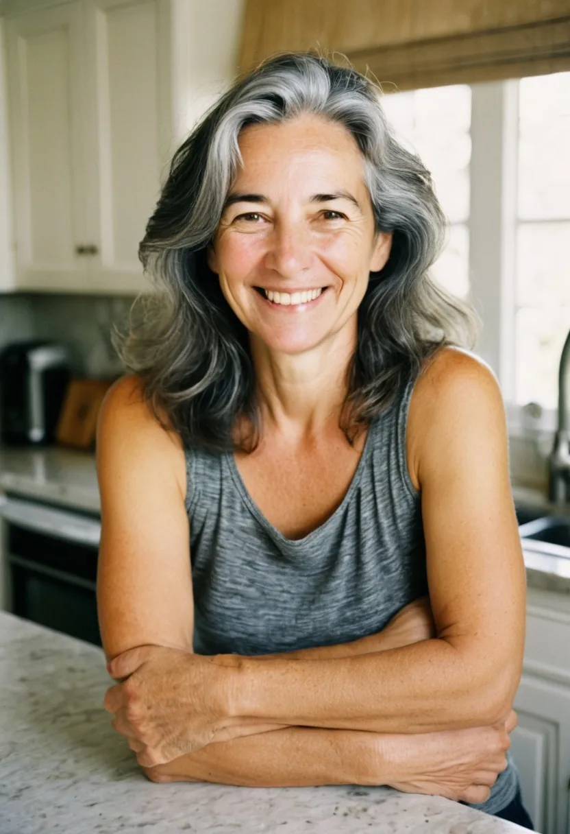 A woman with her arms crossed, smiling in her kitchen