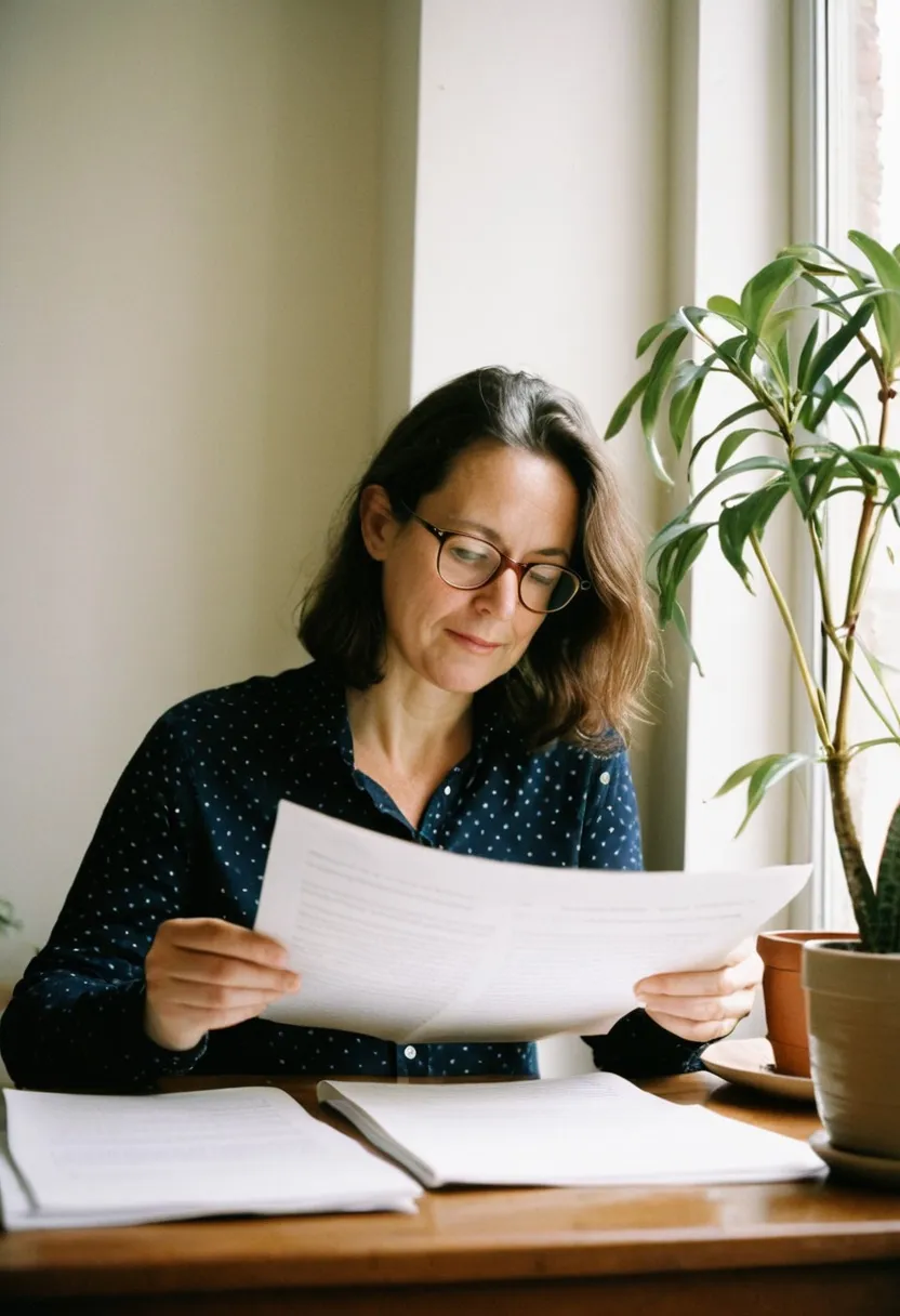A woman reviewing paperwork by a window